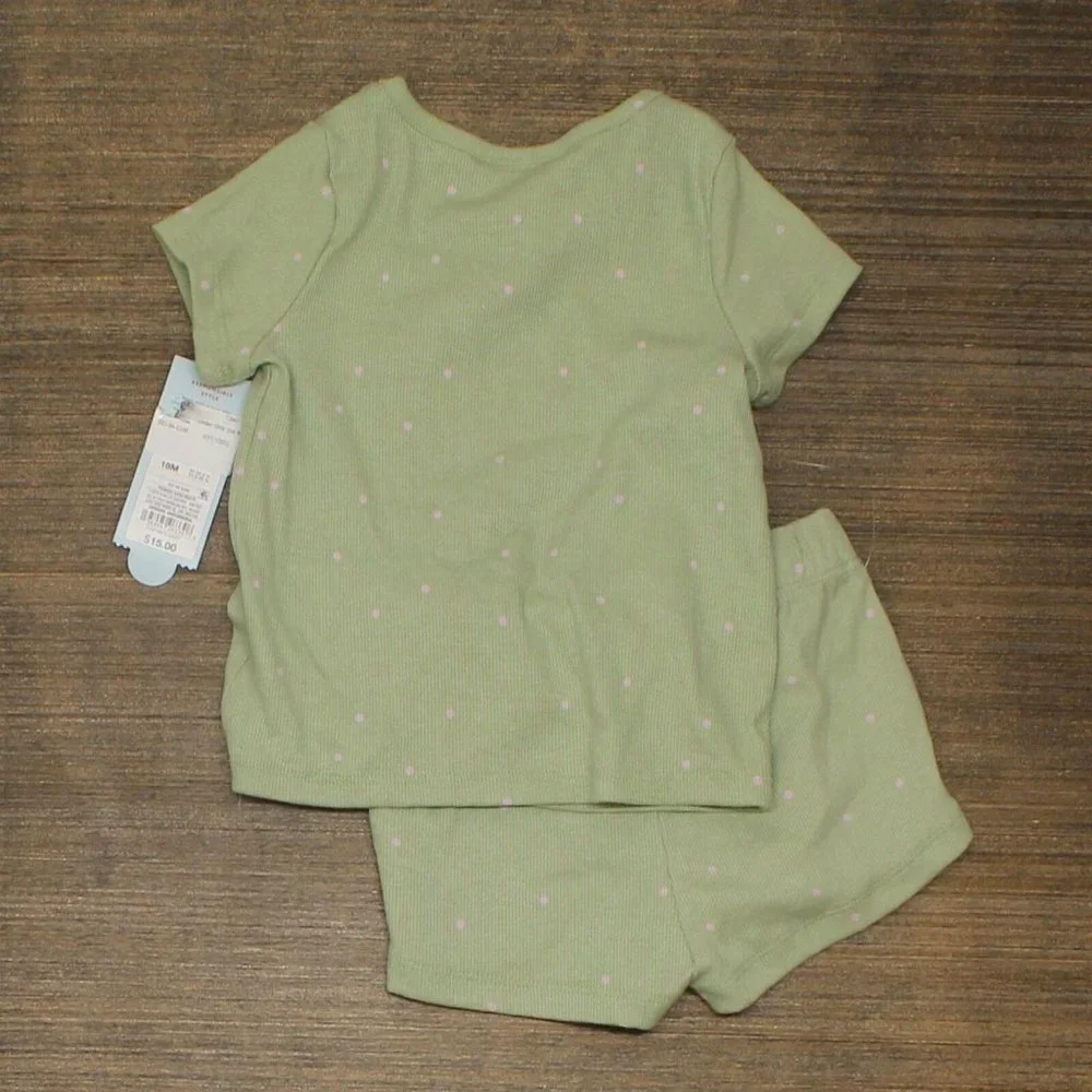NWT Cat & Jack Dot Ribbed Cinched Short Sleeve Top and Shorts Set 2T Power Sage - Picture 3 of 4